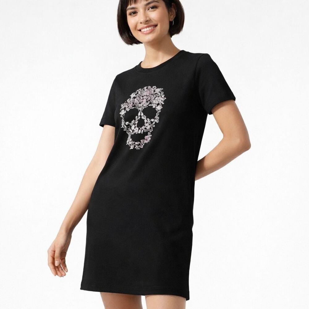 Saint + Sofia Casual T-Shirt Dress Womens Black Floral Skull Stretch Gothic XS